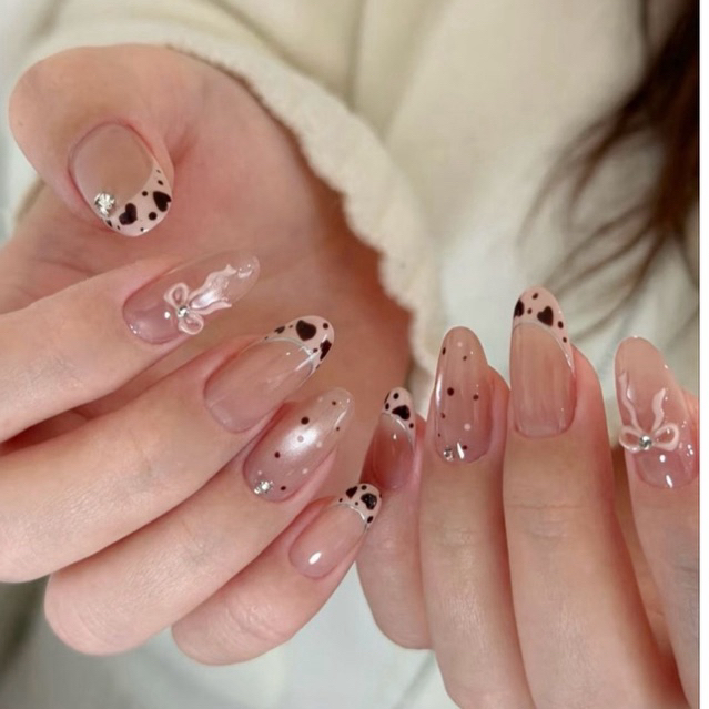 Nailbox design mắt mèo cam french trắng vẽ beo tim nâu