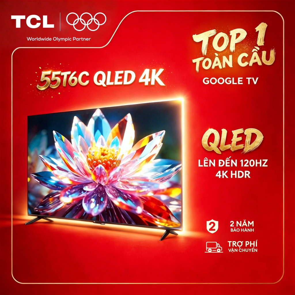 【QLED 4K】55inch, 4K Google TV TCL 55T6C, Lắp đặt 0Đ HN HCM, HDR10+, Tần số quét 120Hz, Dolby Atmos