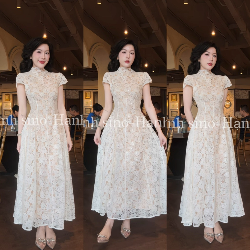 Hạnh sino.97 Váy ren hoa lót nude mới cổ trụ tay hến