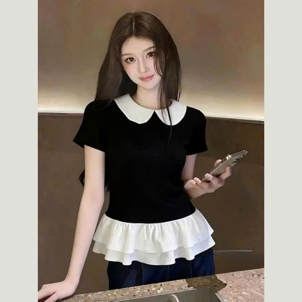 Áo Thun Cộc Tay Hari Cổ Sen Viền Bèo Mini Top Form Basic Phong Cách Hàn Quốc Mã 1641 | BigBuy360 - bigbuy360.vn