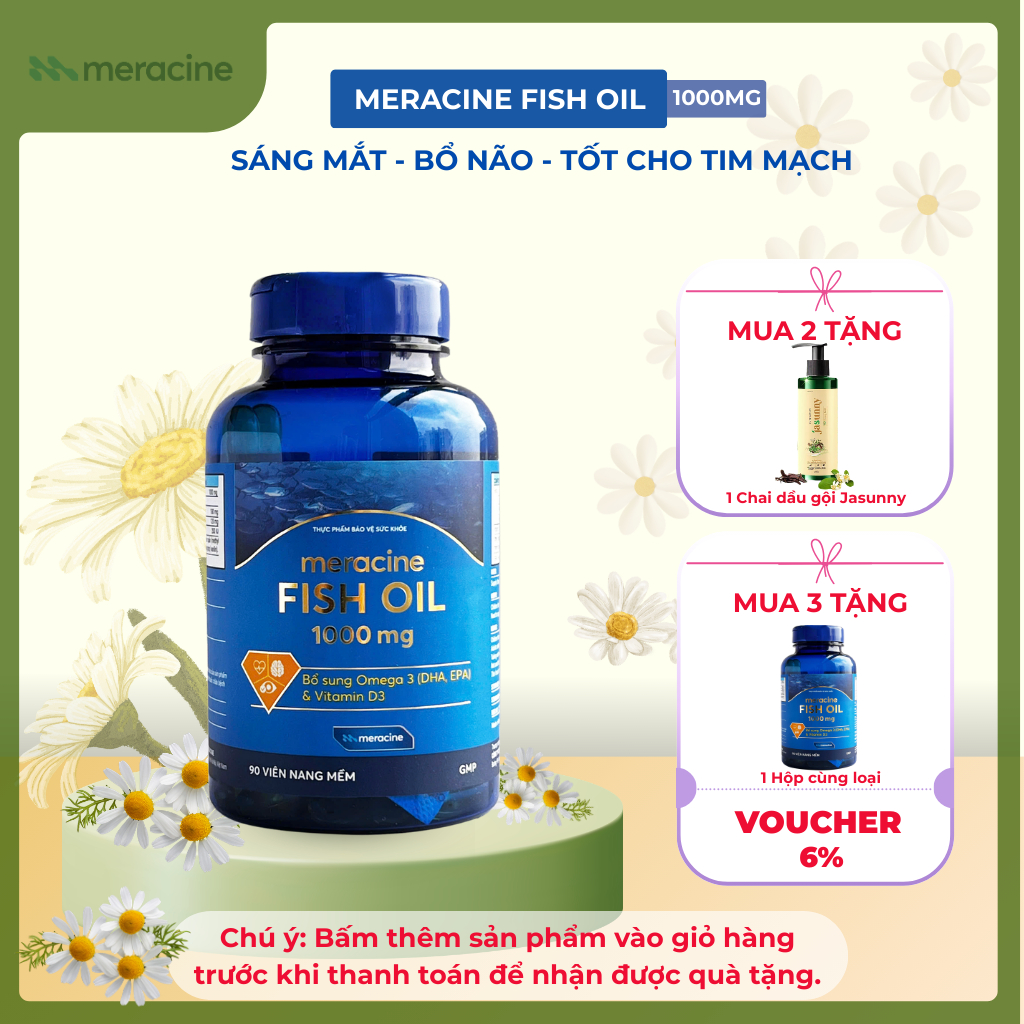 Viên Uống Dầu Cá Omega 3 - Meracine Fish Oil tăng cường thị lực, tốt cho não bộ cho người lớn và trẻ nhỏ lọ 90 viên