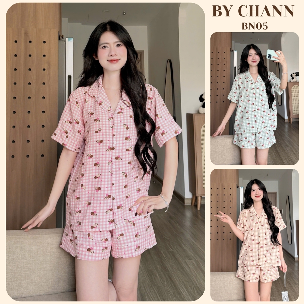 Bộ Đồ Ngủ Pyjamas BY CHANN (BN05) mùa hè HOT SUMMER họa tiết dễ thương áo cộc quần cộc chất liệu đũi