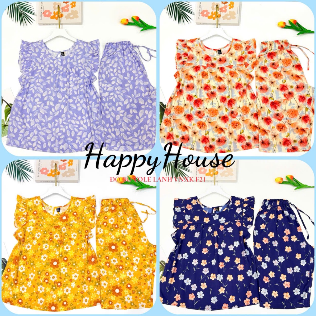 Đồ tole nữ mặc nhà, Bộ Lanh Trung Niên Quần Lửng Áo Cổ Tròn Tay Cánh Tiên 45-85kg VNXK F21 cao cấp - Happyhouse93