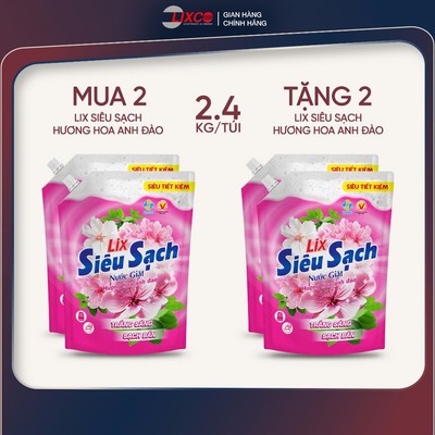 Combo 4 túi nước giặt Lix siêu sạch các hương, làm sạch cực nhanh vết bẩn, trắng sáng, sạch bẩn
