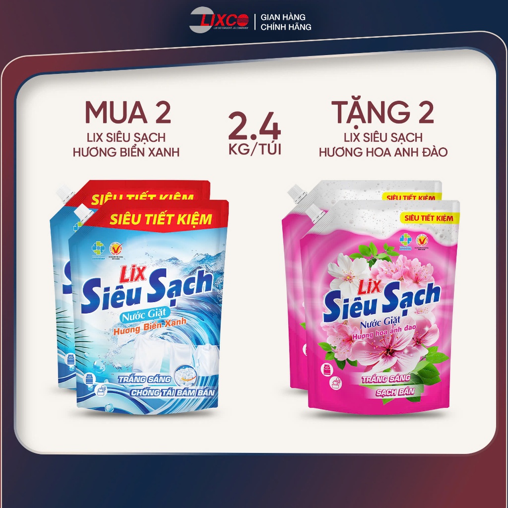 Combo 4 túi nước giặt Lix siêu sạch các hương, làm sạch cực nhanh vết bẩn, trắng sáng, sạch bẩn | BigBuy360 - bigbuy360.vn