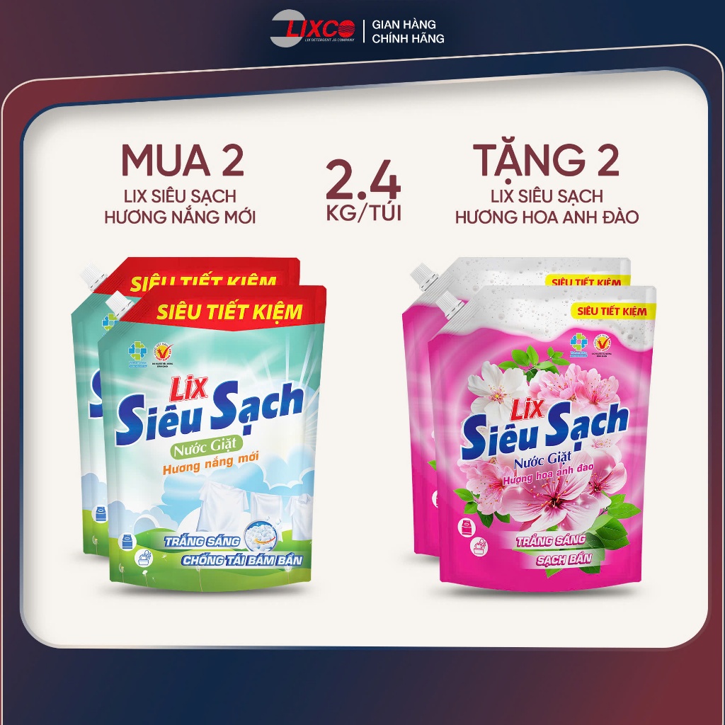 Combo 4 túi nước giặt Lix siêu sạch các hương, làm sạch cực nhanh vết bẩn, trắng sáng, sạch bẩn | BigBuy360 - bigbuy360.vn