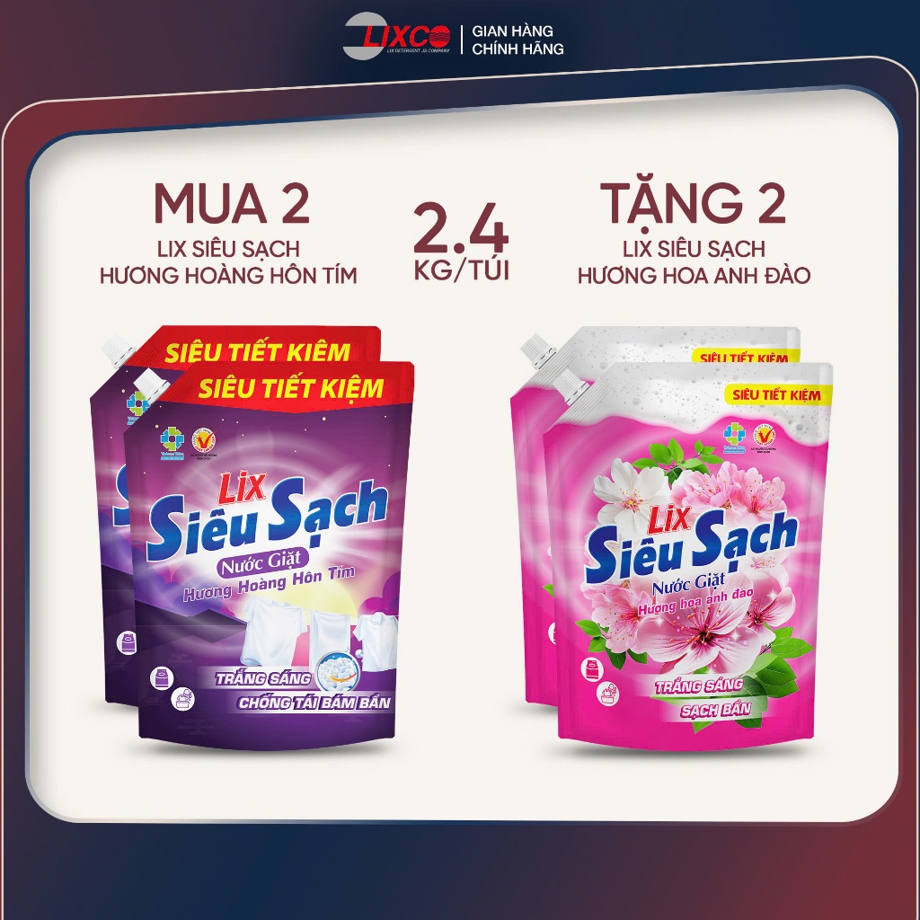 Combo 4 túi nước giặt Lix siêu sạch các hương, làm sạch cực nhanh vết bẩn, trắng sáng, sạch bẩn | BigBuy360 - bigbuy360.vn