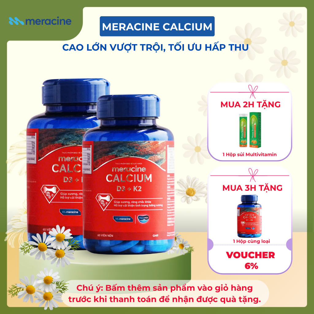 Combo 2 hộp Canxi hữu cơ từ tảo biển đỏ Meracine Calcium D3K2 giúp xương, răng chắc khỏe, hỗ trợ phát triển chiều cao