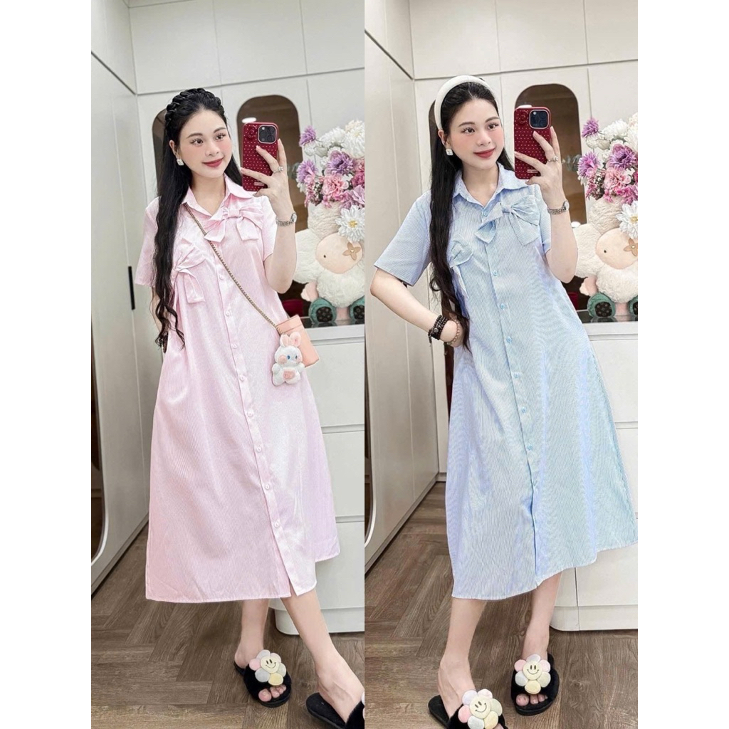 Váy suông cao cấp [ chuẩn hãng NH Clothing] kẻ sơmi nơ