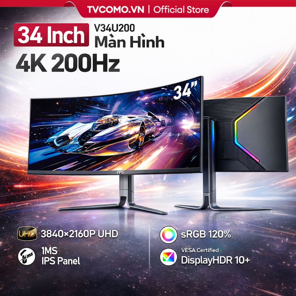 FPS Màn Hình Gaming 34Inch 4K WQHD 200Hz – Chân Đế Nâng Hạ Xoay Dọc 16:9, Tặng Cáp HDMI