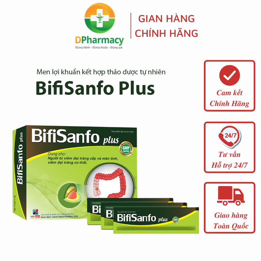 Men lợi khuẩn, thảo dược BifiSanfo Plus,Hỗ trợ giảm triệu chứng viêm đại tràng, HCRKT, hộp 12 gói