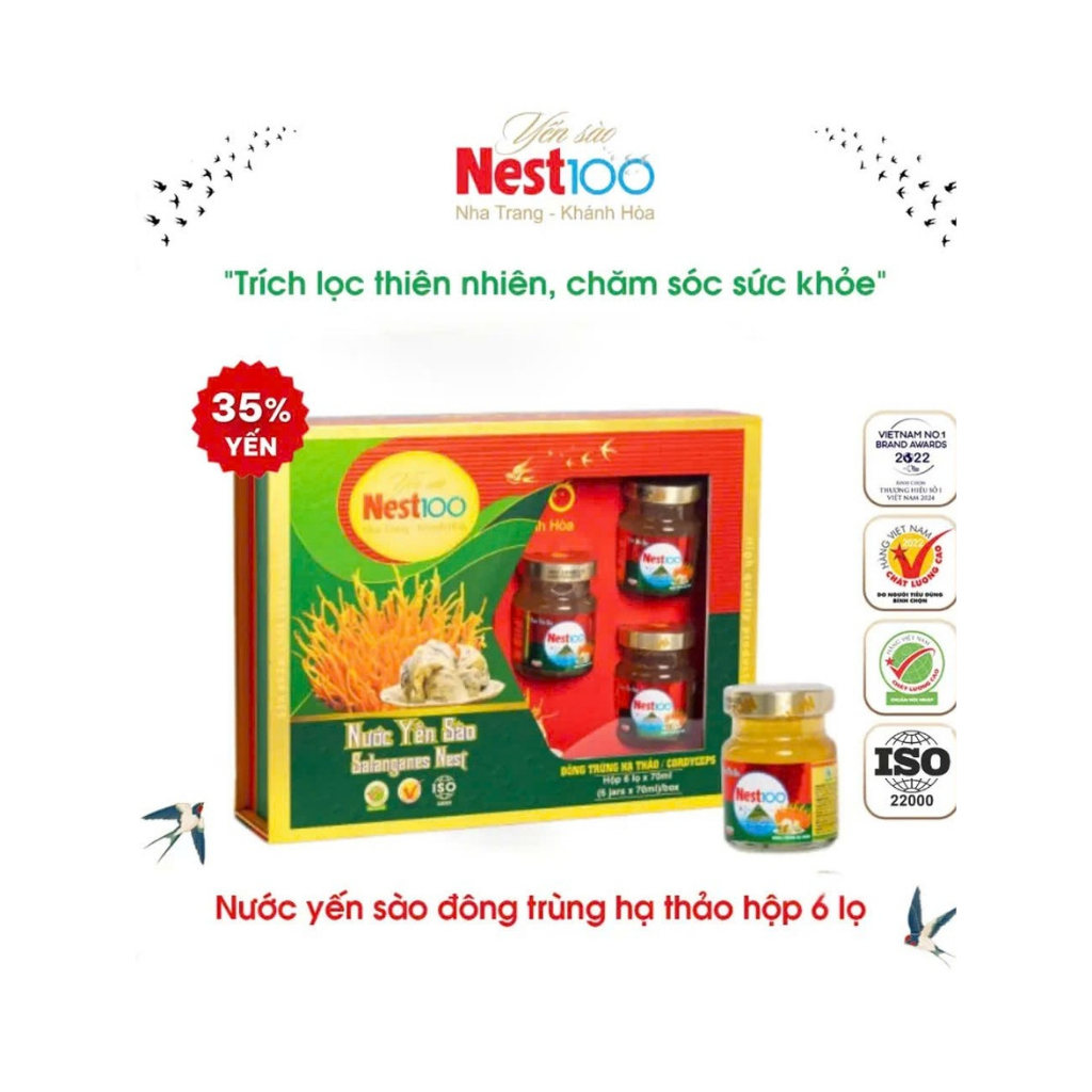 Quà tặng 8.3 - Nước yến sào Đông trùng hạ thảo Nest100 (6 lọ + túi đựng)