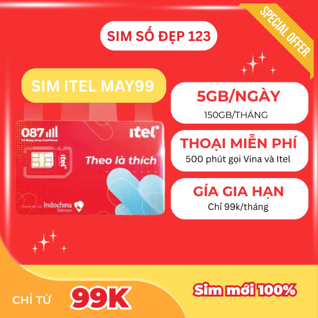 Sim Data Itel 4G MAY99 5GB/ngày - 500P gọi Vinaphone và Itel miễn phí - Sim số đẹp giao ngẫu nhiên