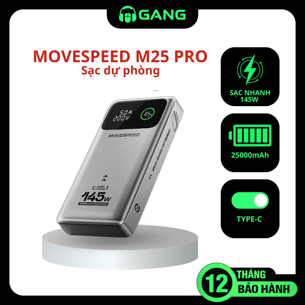 Sạc dự phòng Movespeed M25 PRO 25000mAh | 145W | Màn hình LED - Bảo Hành 12 Tháng | Gang Gear
