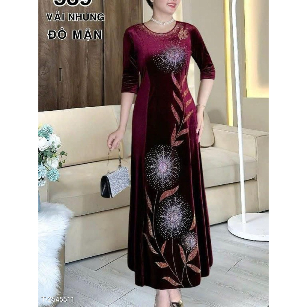 M539-Đầm MAXI trung niên dự tiệc sang trọng vải nhung đính đá cao cấp tặng mẹ co giãn tốt bigsize 75