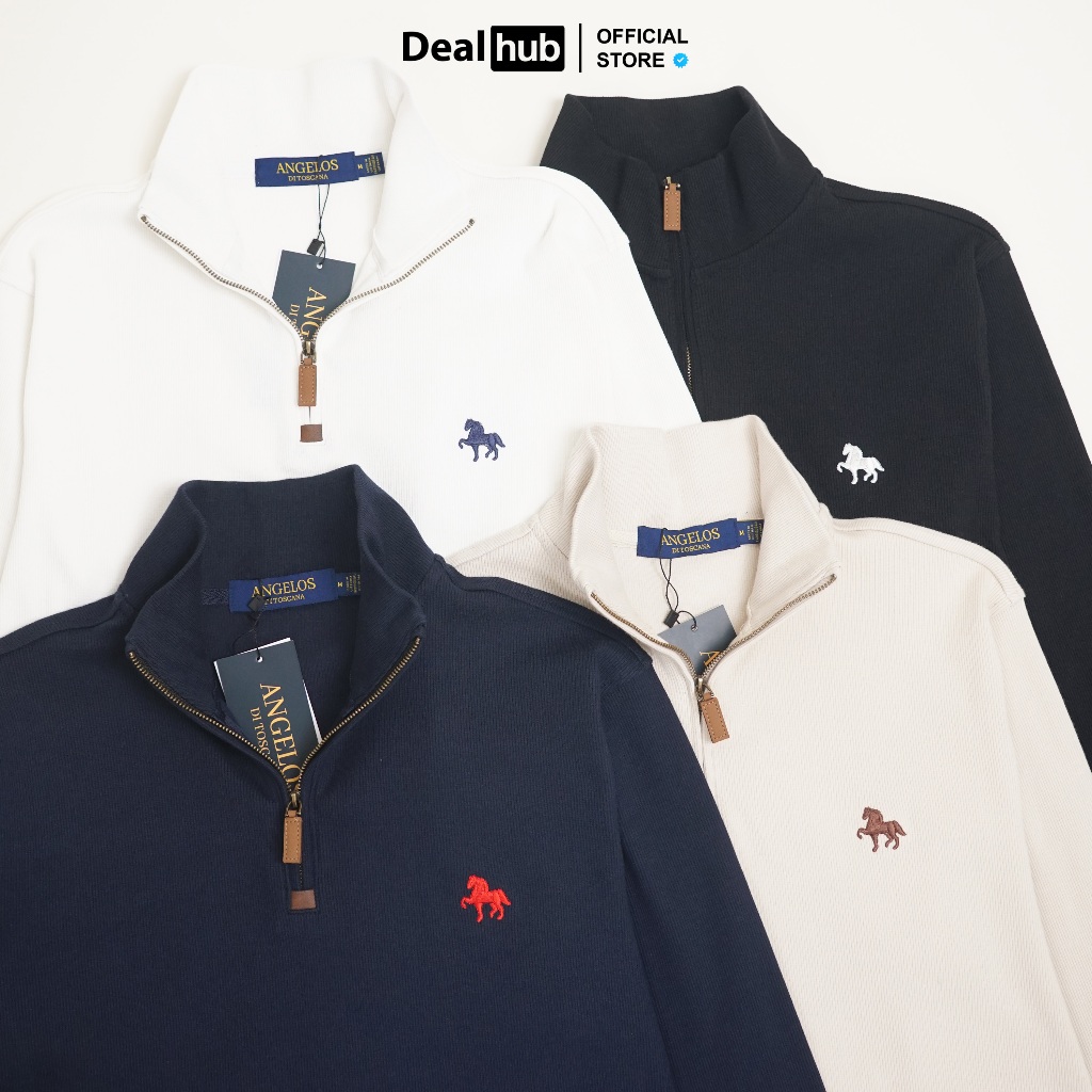 Áo Quarter Zip Sweater Thêu Ngựa Angelos Cổ Bẻ Vải Nhung Tăm Half Zip Form Âu Regular Fit