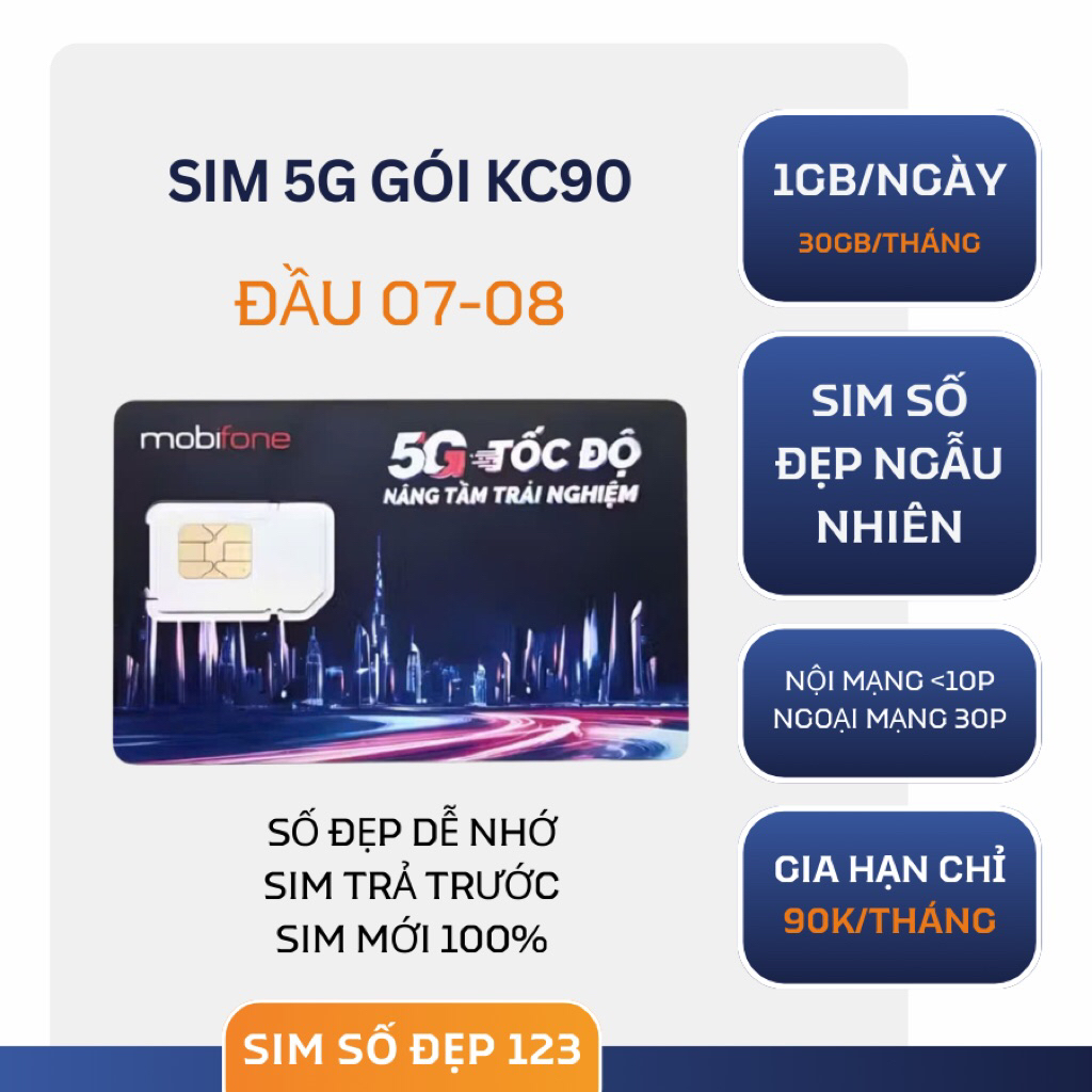 [Đầu 07-08] Sim Mobifone 5G KC90 30GB/tháng - Gọi nội ngoại mạng miễn phí - Sim số đẹp giao ngẫu nhi