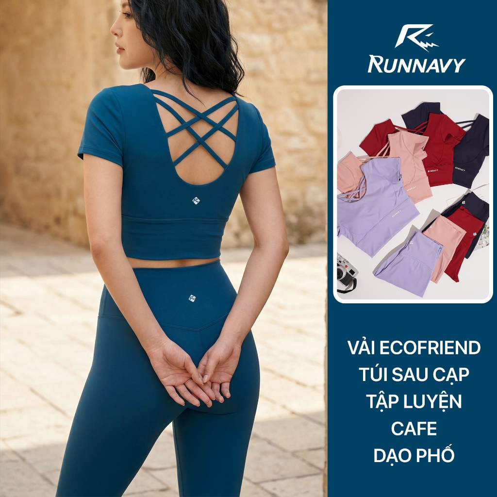 Set đồ tập gym yoga áo Tshirt cộc tay, quần legging Ecoffriend Run Navy SET206-89