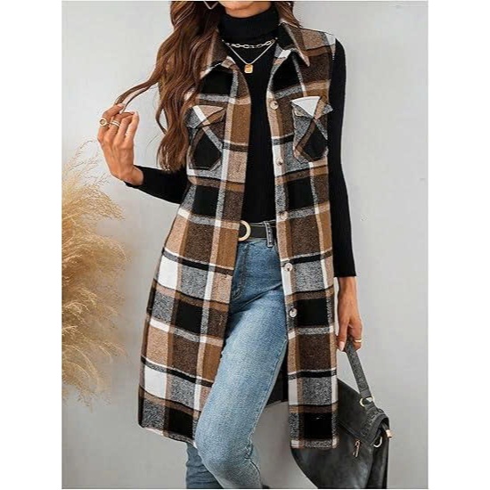 Áo Khoác Gile Dạ Kẻ Caro Dáng Dài - Áo Vest Sát Nách Nữ Thu Đông Hàng Loại 1 Cao Cấp New Era Fashion