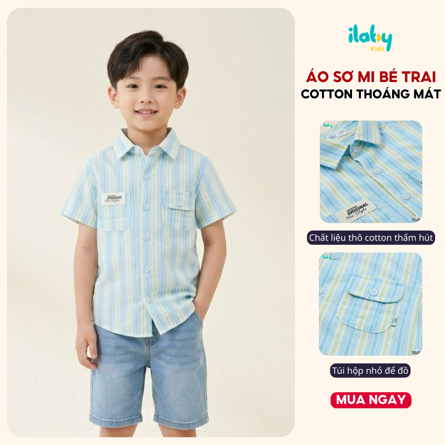 Áo sơ mi bé trai ILABY áo sơ mi cộc tay kẻ sọc chất thô mềm phong cách Hàn Quốc size từ 9-40kg [3681