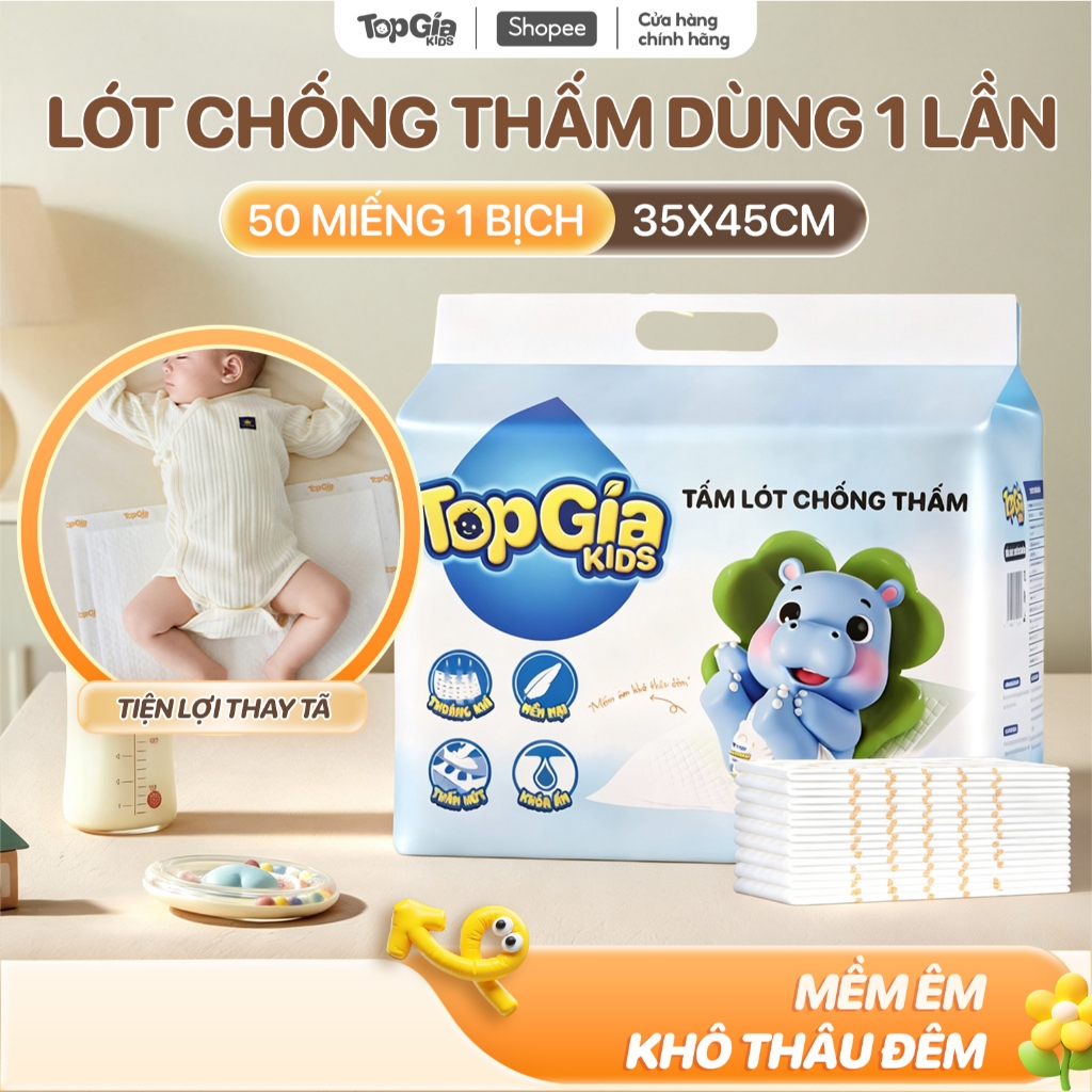 Tấm Lót Chống Thấm Thay Tã Bỉm Dùng Một Lần Topgiakids Cho Bé 35x45cm, Bịch 50 Miếng Lót Chống Thấm, Lót Phân Su