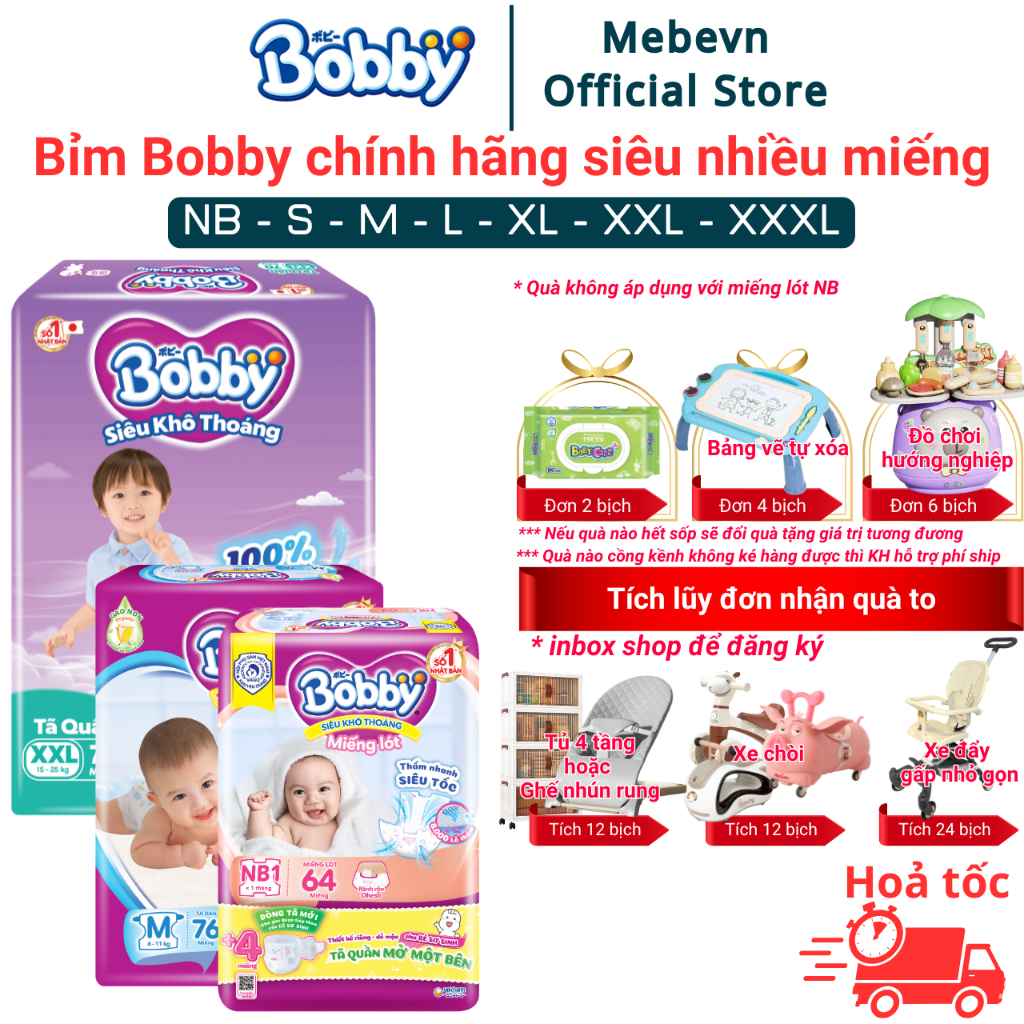 Bỉm Bobby chính hãng Ultra+ siêu nhiều miếng, tã quần Bobby siêu khô thoáng đủ size tã Dán/Quần