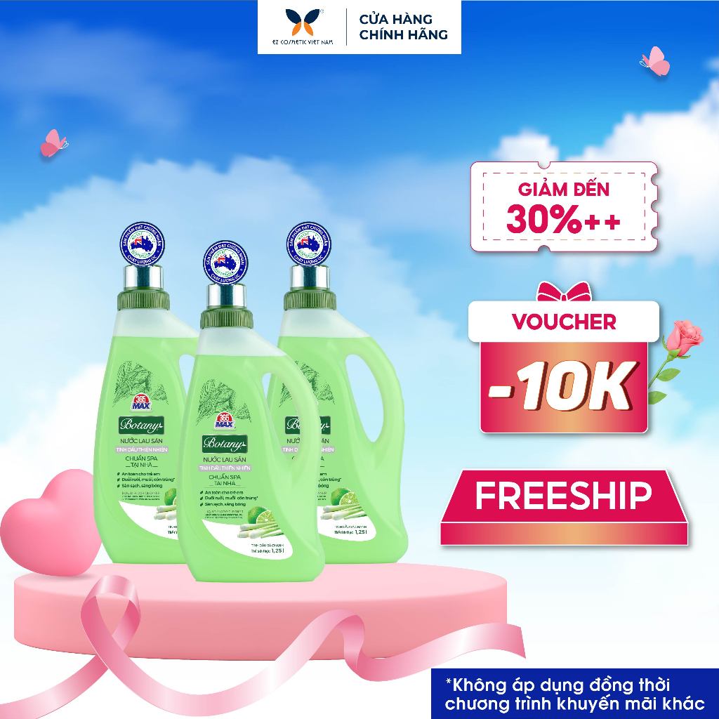 Bộ 3 Chai Nước Lau Sàn 365 Max Botany Tinh Dầu Sả Chanh 1.25L  sạch bóng sàn nhà, an toàn cho da bé