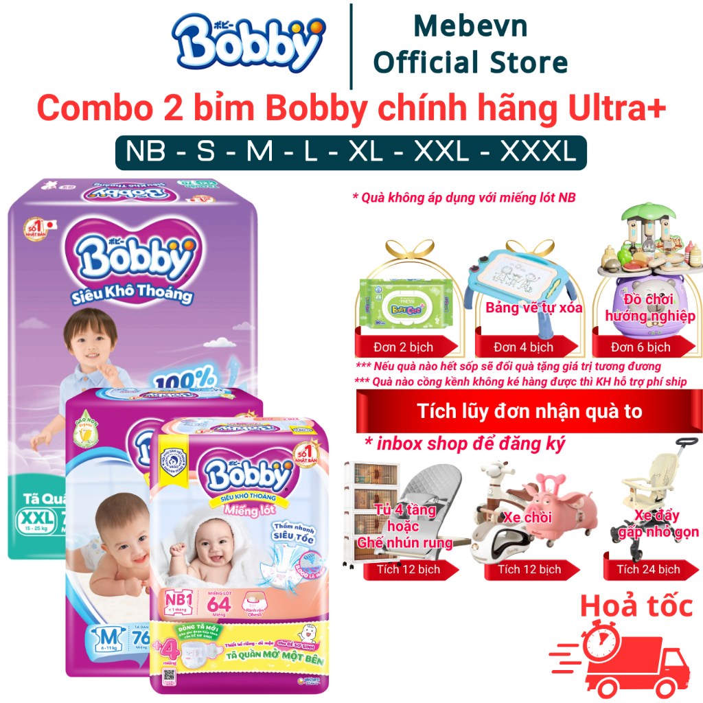 Combo 2 bỉm Bobby chính hãng Ultra+ siêu nhiều miếng, tã quần Bobby siêu khô thoáng đủ size Dán/Quần