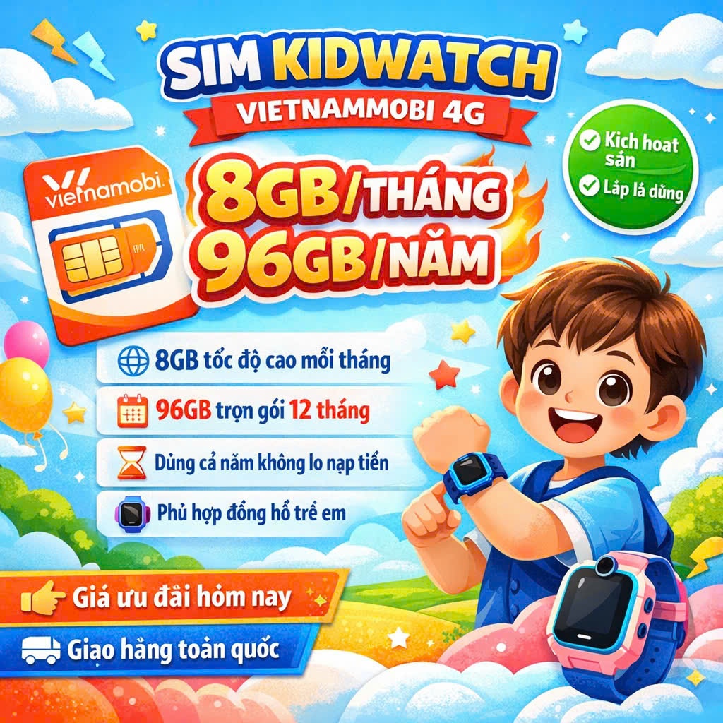 Sim 1 Năm Vietnamobile – Sim Kidwatch 8GB/Tháng – Miễn Phí Gọi Nội Mạng Dưới 10 Phút