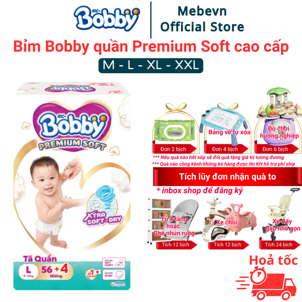 bỉm bobby quần Premium Soft cao cấp, bỉm bobby chính hãng siêu thấm hút, mềm mại an toàn cho da bé