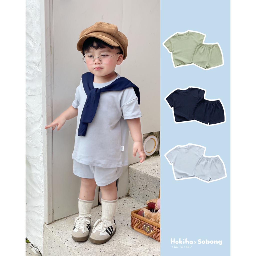 Bộ quần áo cộc tay trơn cho bé trai, bé gái Hokiha vải cotton bozip mềm mại, thoáng mát size 8-17kg 