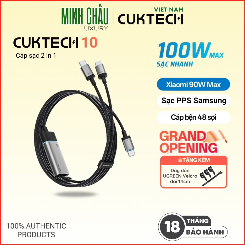 Cáp Sạc Nhanh CUKTECH 2 in 1 Type-C to Type-C/Type-C dài 1.35m 100W Max Laptop 100W Xiaomi 90W Max S