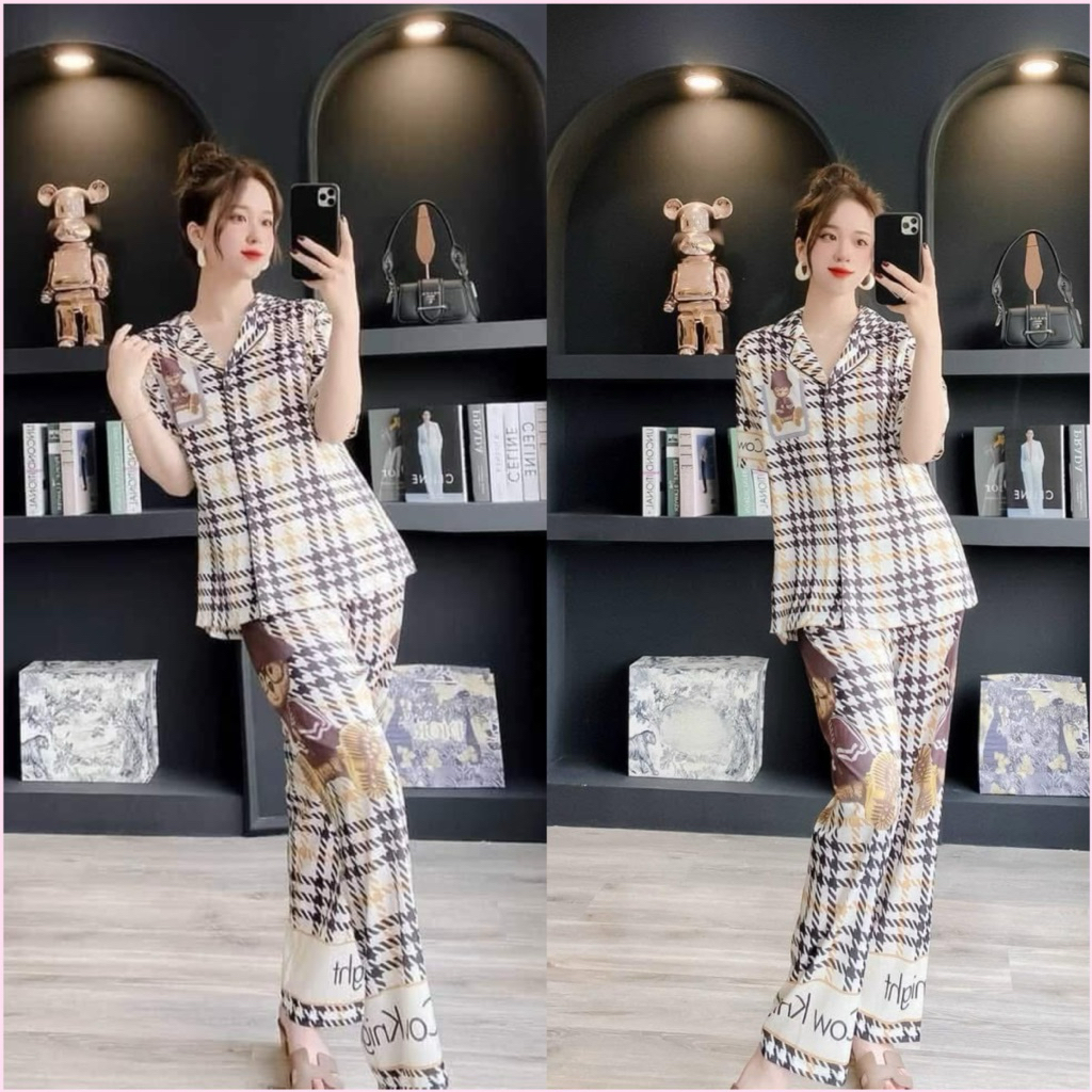 ❤️Hàng QC❤️Pijamas tay ngắn QD gấu kẻ Isabili_lụa xước tô châu B523.