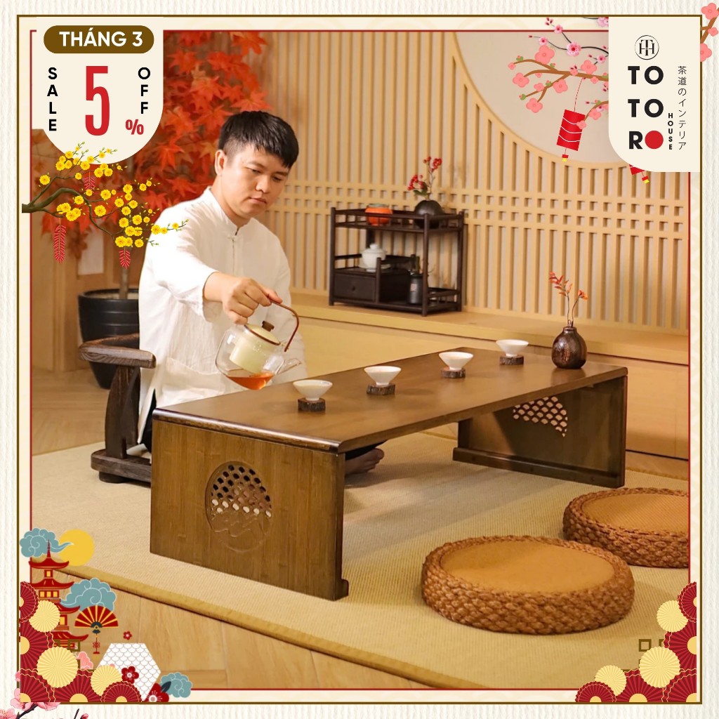 Bàn trà đạo ZATAKU ngồi bệt kiểu Nhật gỗ tự nhiên chống nước gấp gọn để phòng trà TOTORO HOUSE