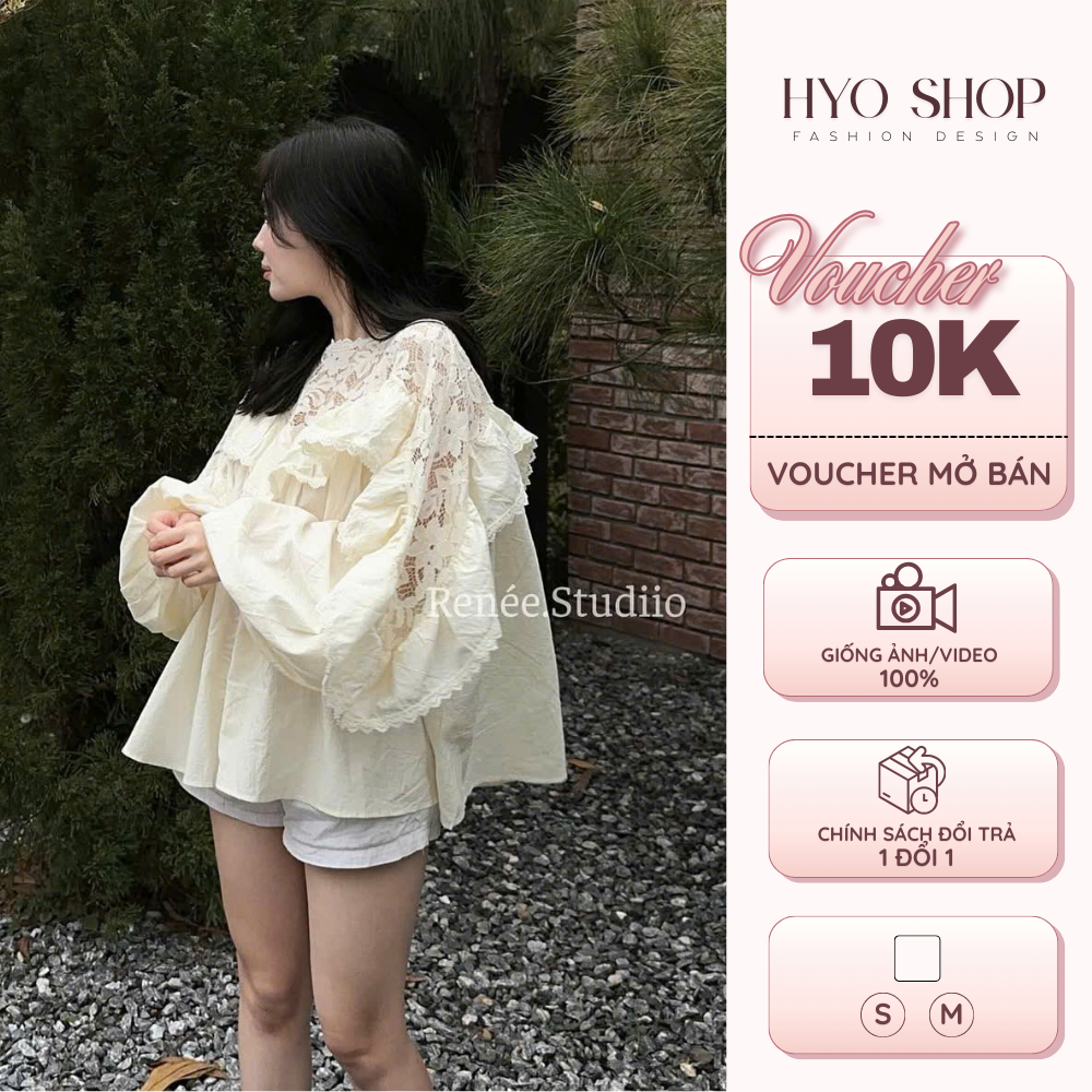 Áo sơ mi nữ form rộng babydoll phối ren cổ bèo tiểu thư Hàn Quốc - HYO SHOP