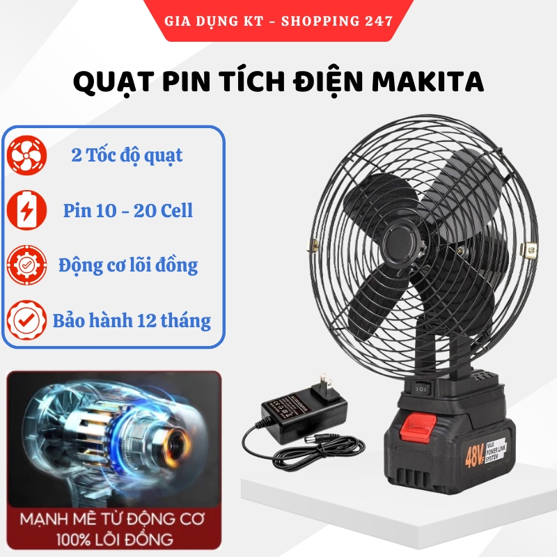 Quạt Pin Tích Điện Để Bàn, Quạt Chạy Pin MAKITA Dùng Liên Tục 12-14H, Làm Mát Cực Nhanh, Hoạt Động Mạnh Mẽ, Bền Bỉ