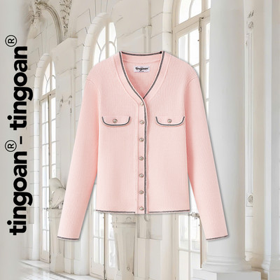 TINGOAN® - Áo khoác dệt kim hồng cổ V phối viền line áo PONY HONEY CARDIGAN/PK