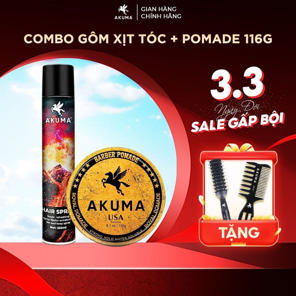 Combo Sáp Vuốt Tóc, Gôm Xịt Tóc, Xịt Tạo Phồng Tóc AKUMA Dầu Gội Nam AKUMA Hương Nước Hoa Nam Tính