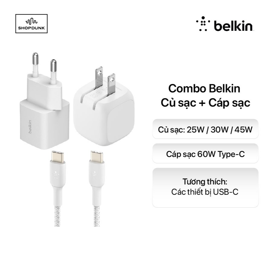 Combo sạc nhanh Belkin củ sạc 25W/30W/45W kèm cáp Type C-C vỏ dù
