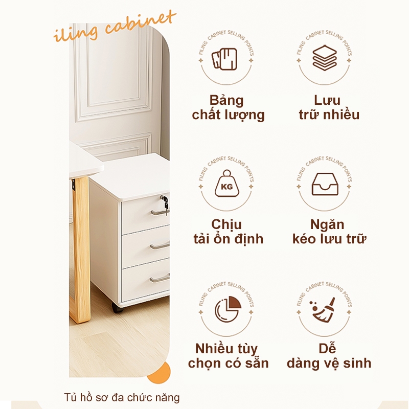 MEKONG Tủ Hồ Sơ Văn Phòng Bằng Gỗ 3 Ngăn Kéo Có Khóa Bánh Xe Di Chuyển Tiện Lợi | BigBuy360 - bigbuy360.vn