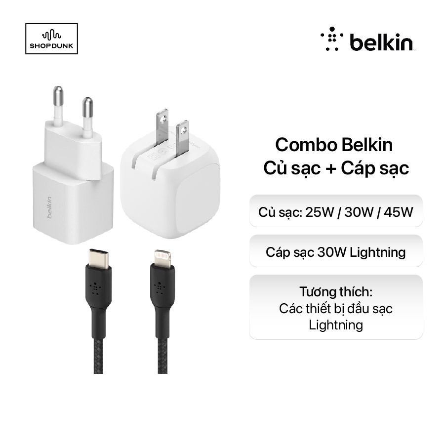 Combo bộ sạc nhanh Belkin Củ sạc 25W/30W/45W kèm Cáp USB-C to lightning 30W Màu Đen Vỏ Dù