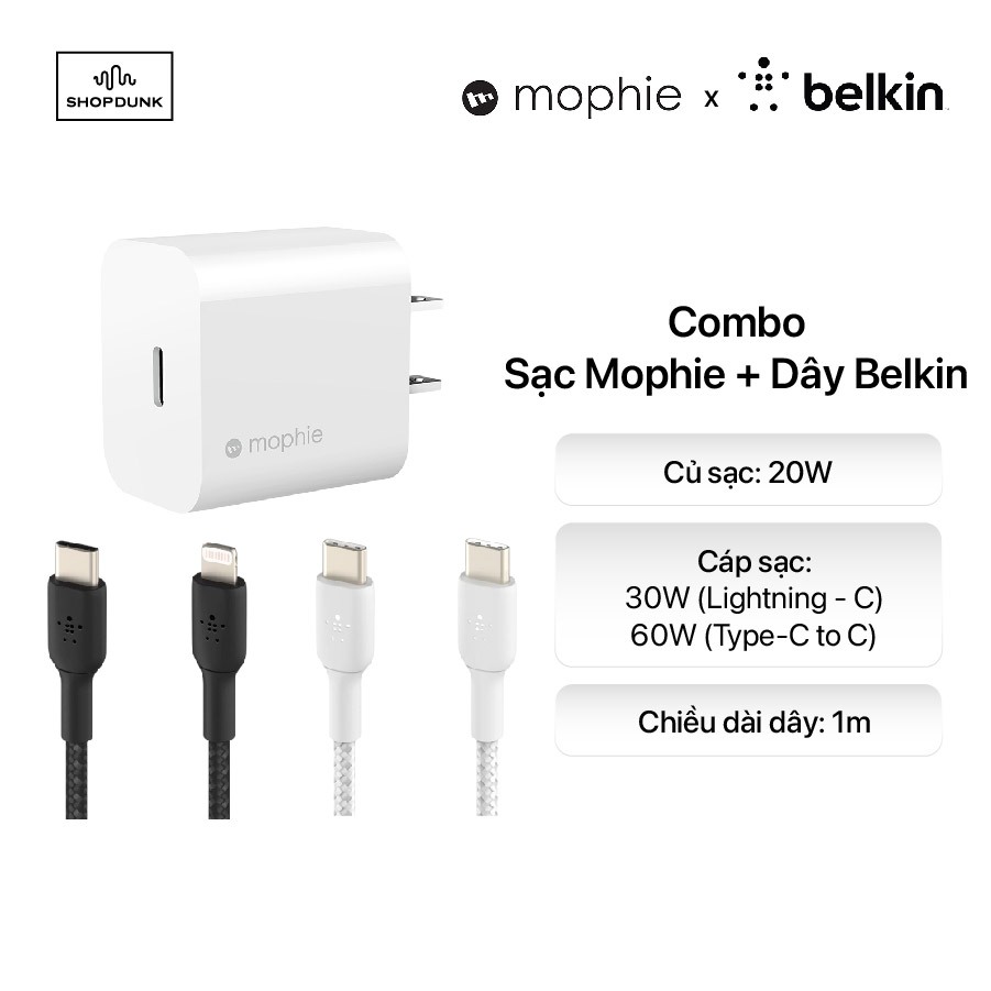 Combo Sạc Nhanh 20W USB-C Mophie White kèm Cáp Belkin 30W/60w vỏ dù