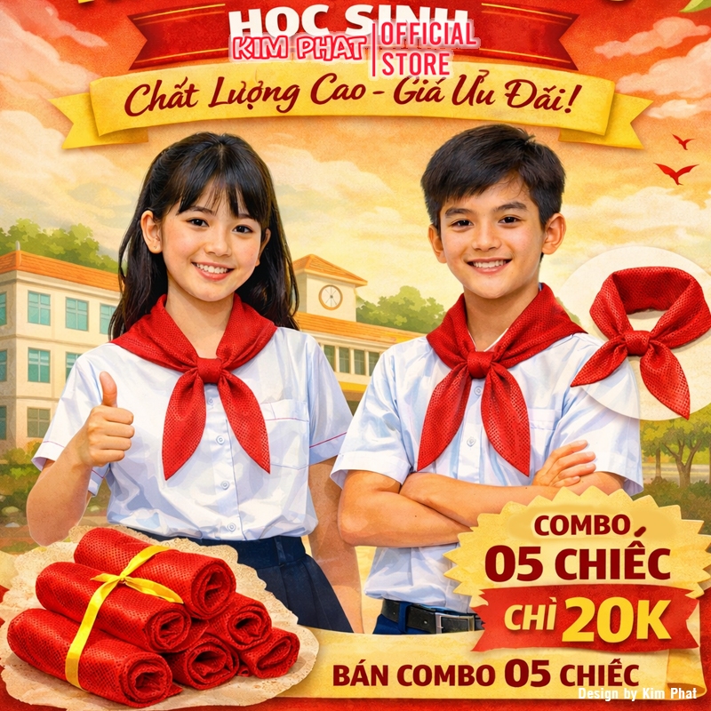 Combo 5 Chiếc Khăn Quàng Đỏ Học Sinh, Vải Chống Nhăn, Mềm, Thoáng Mát