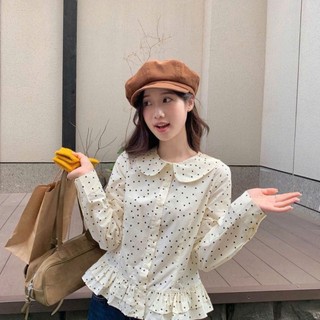 [ HÀNG SẴN] Áo sơ mi nữ dài tay cổ sen họa tiết chấm bi phong cách vintage dịu dàng