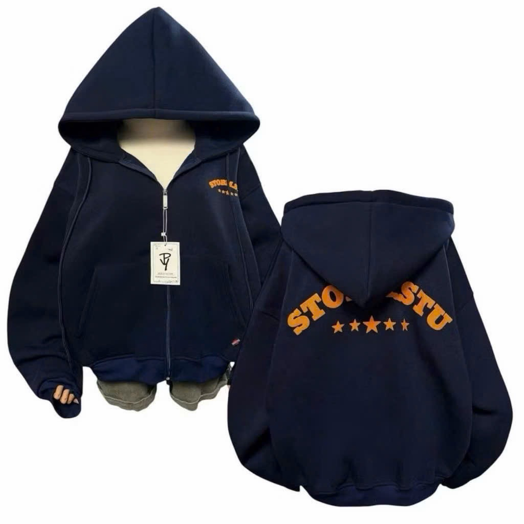 Áo Khoác Hoodie Zip Nỉ STO STU Form Rộng Unisex – Áo Khoác Nỉ Có Mũ In Chữ Sau Lưng