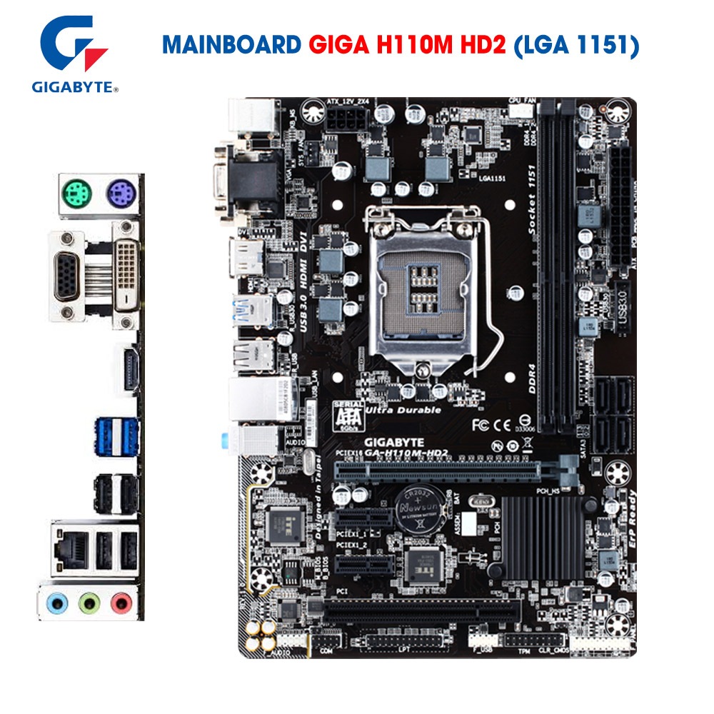 Main Giga H110M-HD2 Socket 1151 DDR4 – Chạy i3 i5 gen6 gen7 – Main H110M mới đẹp rẻ. Bảo hành: 12 th