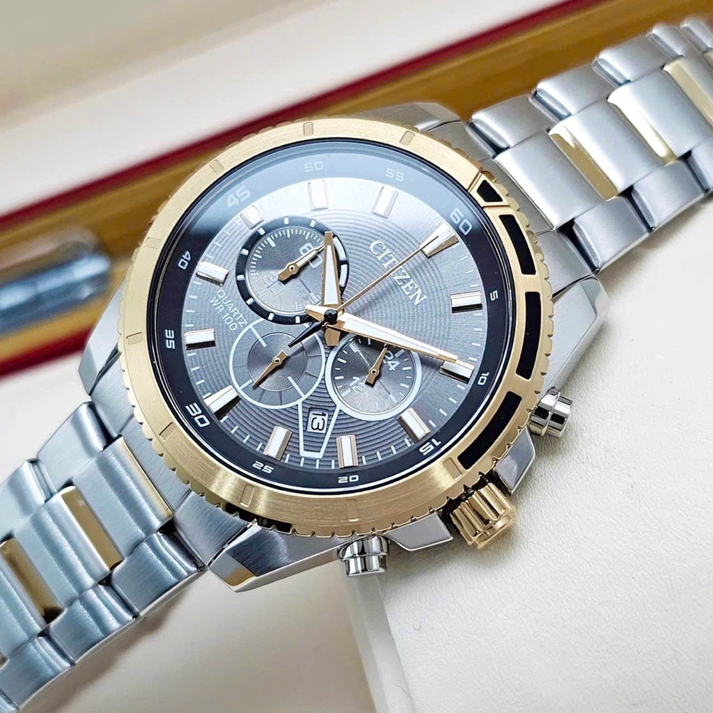 ĐỒNG HỒ NAM CHÍNH HÃNG Citizen AN8204-59H Quartz Chronograph Grey Dial Silver Stainless Steel For Me