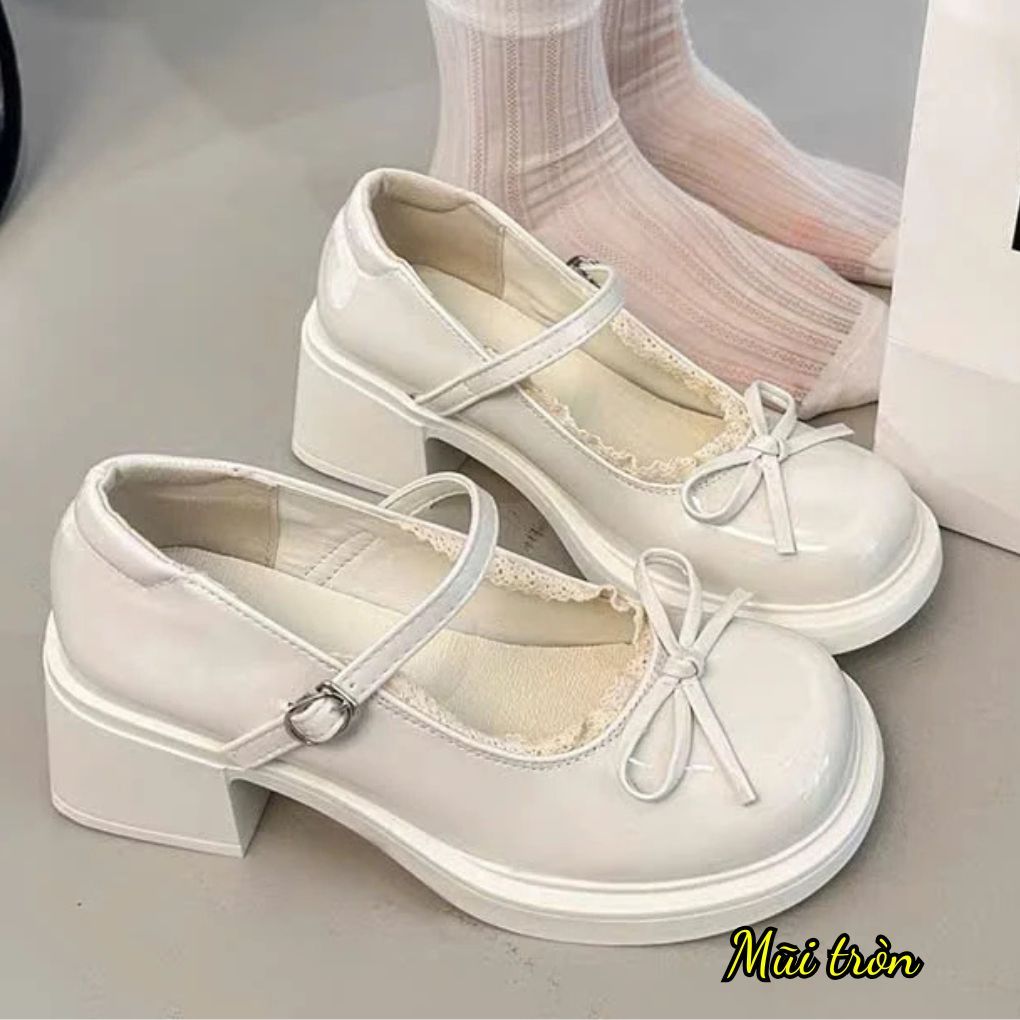 Giày búp bê nữ cao gót 5cm, giày búp bê lolita nữ cao cấp, mũi tròn, nơ kiểu ulzzang viền ren GD70