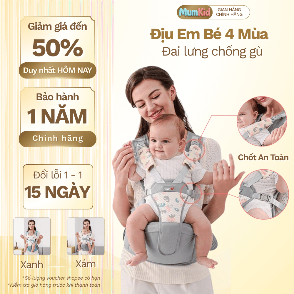 Địu em bé Mumkid cao cấp định hình chống gù thoáng khí 2 tư thế an toàn khi đi xe máy ôtô - MK046
