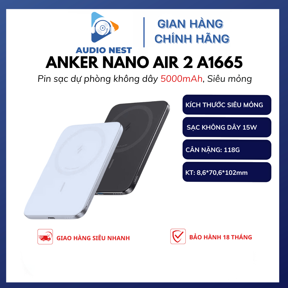 Sạc Dự Phòng Không Dây Anker Nano Air 2 Siêu Mỏng A1665 5000mAh - Bảo Hành 18 Tháng